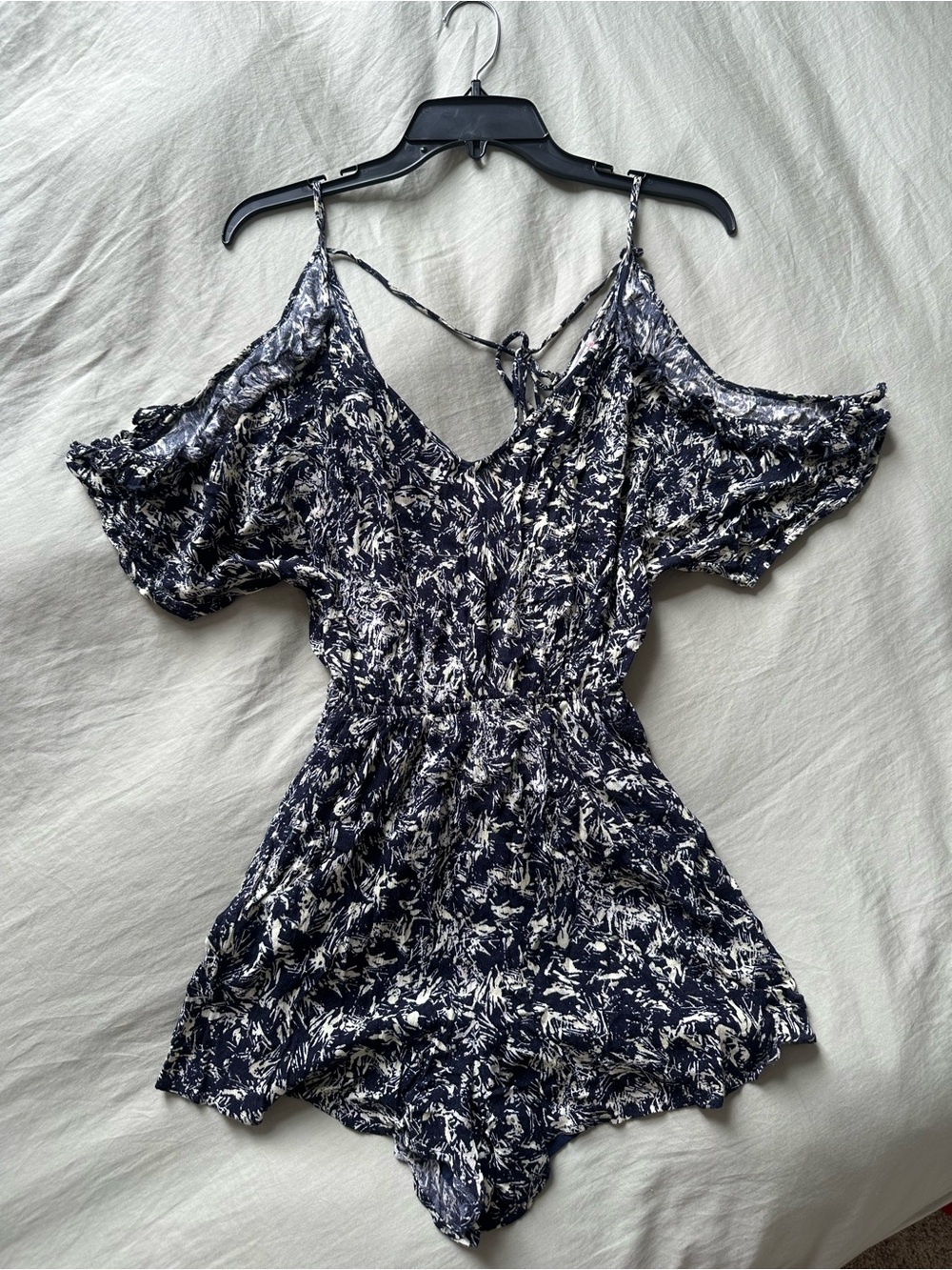 Navy and White Cold-Shoulder Romper